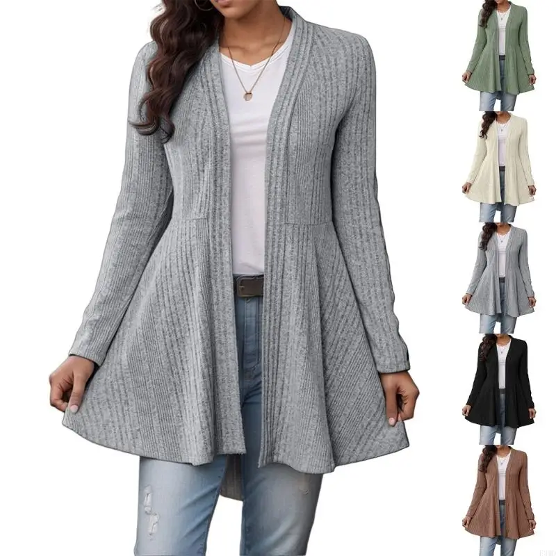 

Womens Fall Open Front Long Sleeve Peplum Cardigan Shirt Long Solid Color Casual Knit Sweater Top F3MD