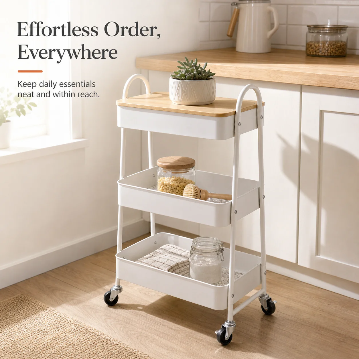 Chariot de cuisine à roulettes 3 niveaux avec panier et couvercle, chariot de service utilitaire à roulettes pour cuisine, bureau, salle de bain, blanc