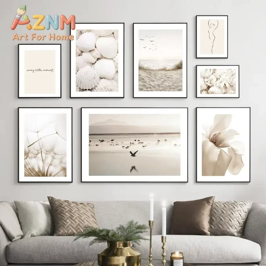 Scandinavian Simple Wall Art White Seashells Beach Flowers Dandelions Canvas Poster Prints Home Bedroom Living Room Decoration