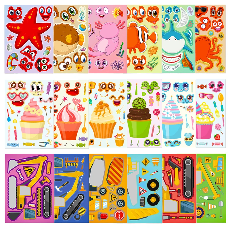 6 Blatt Scrapbook-Aufkleber, Spiele, Technik, LKW, Kuchen, Meerestiere, DIY-Styling, zum Zusammenbauen, Puzzle-Aufkleber, Festival, Geschenk, TMZ