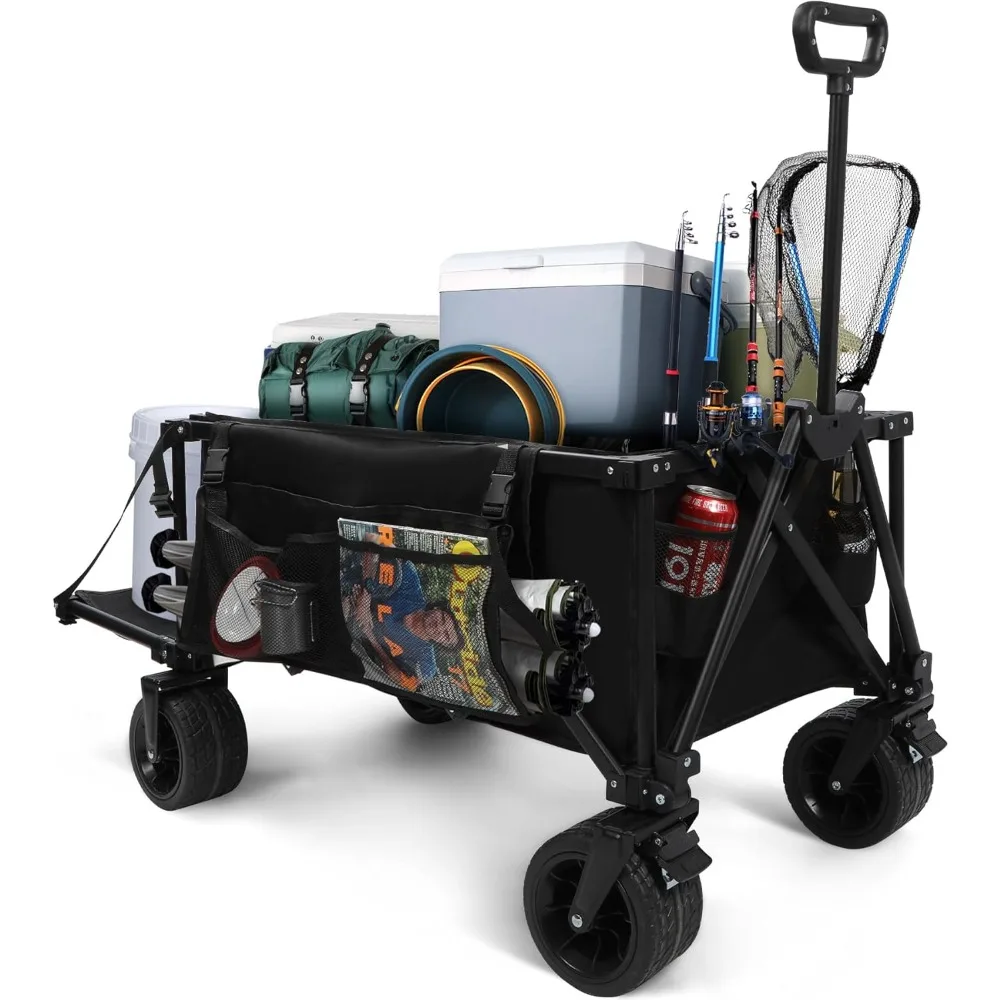 

49" l extended collapsible beach fishing cart with rod holders, 330lbs heavy duty extra large folding utility garden cart with