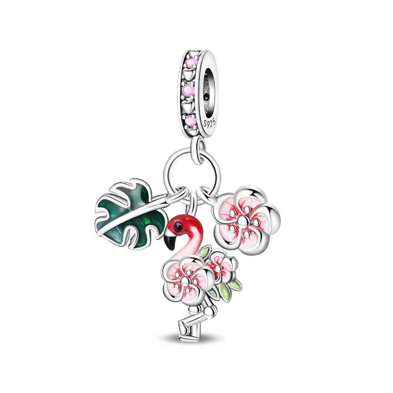 Abalorios de Plata de Ley 925 con Circonita Cúbica, Diseño de Flamenco y Flor, Compatibles con Pulseras Originales, Joyería DIY para Mujer, Regalo
