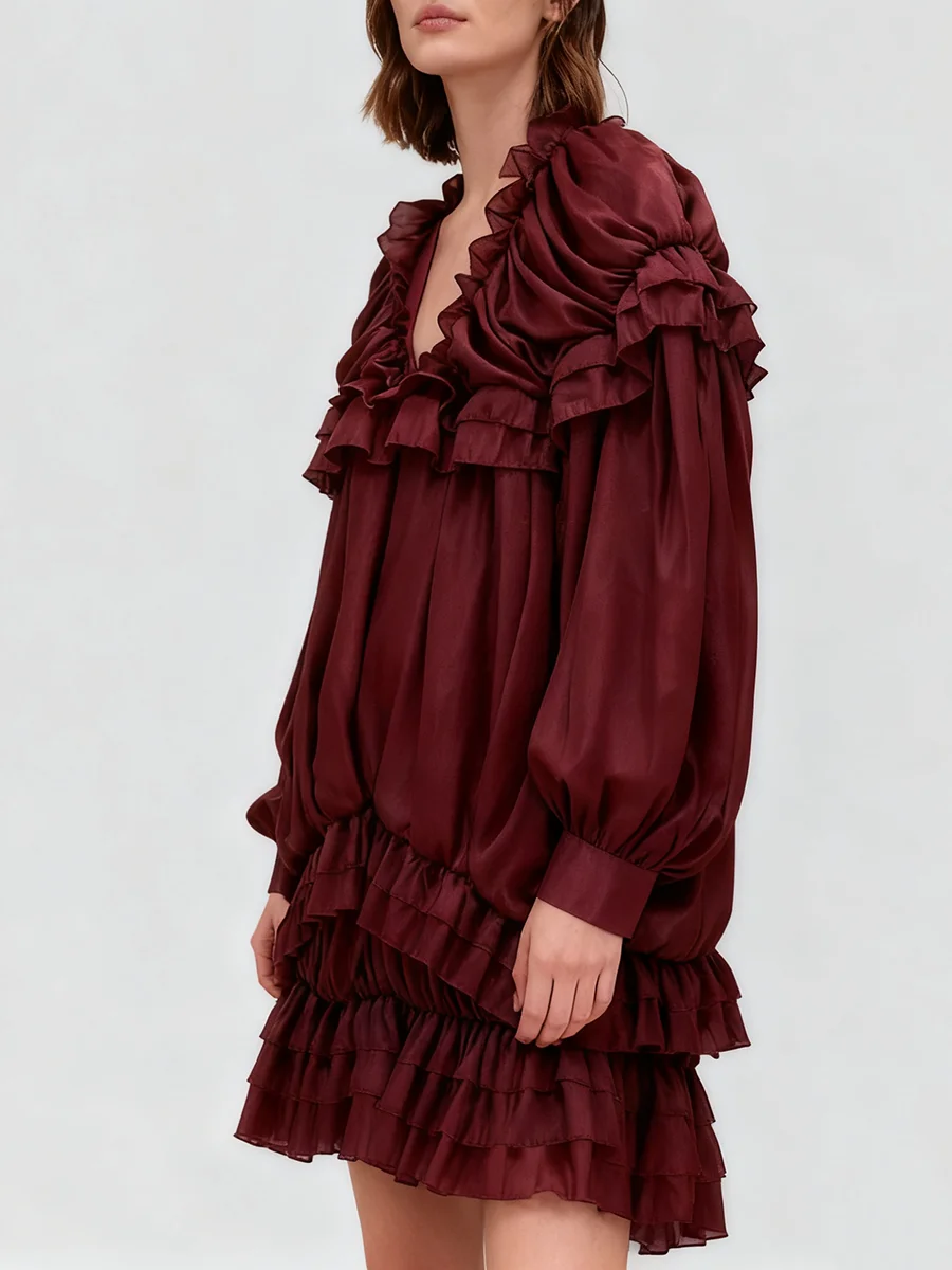 TWOTWINSTYLE الصلبة فضفاض تقسم الكشكشة طيات فساتين غير رسمية للنساء الخامس الرقبة طويلة الأكمام فساتين راقية الملابس النسائية جديد