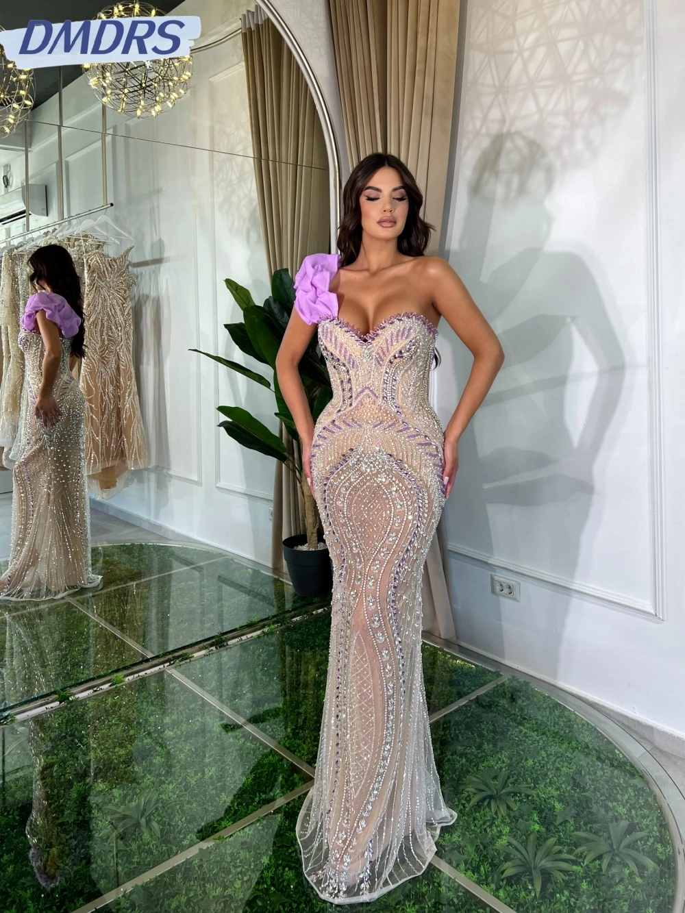 

Stylish Luxury Beaded One Shoulder Evening Dress For Women Illusion Straight Long Wedding Party Gown Customized Prom Dresses