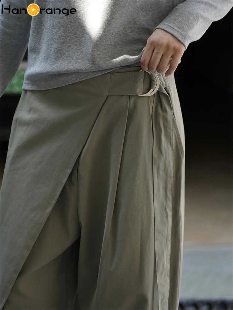 HanOrange 2025 Jesienna Moda Retro Spodnie z Paskiem na Boku w Talii Damskie Luźne Spodnie Ciemnoszare/Zielone Wojskowe