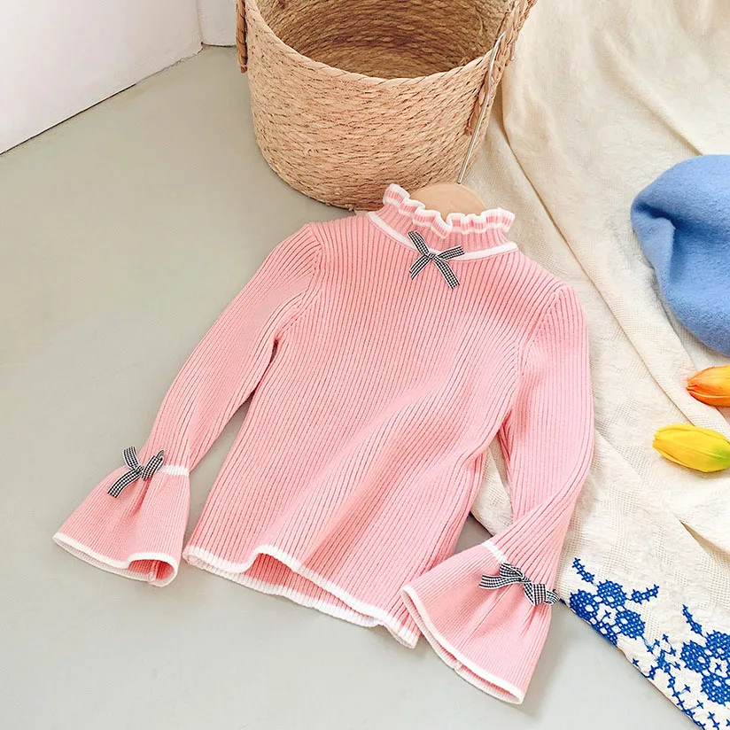 

4-10T Toddler Kid Bow Girls Sweater Elegant Winter Warm Clothes Long Sleeve Stretch Knit Pullover Top Childrens Knitwear Outfit