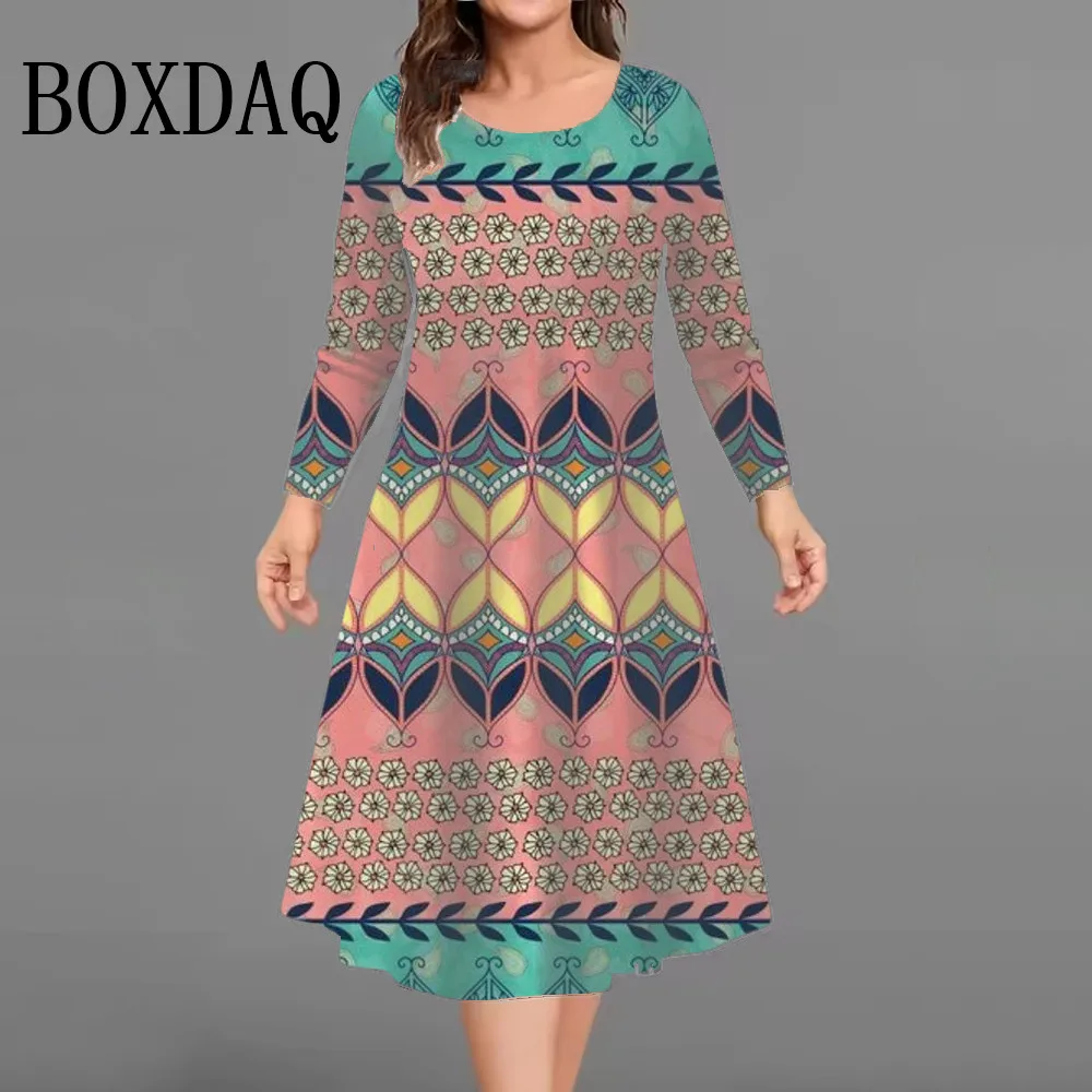 

Women Tribal Ethnic Geometric Print Dresses For Autumn 2025 Fashion O-Neck Long Sleeve Female Casual Loose Dress Plus Size 9XL