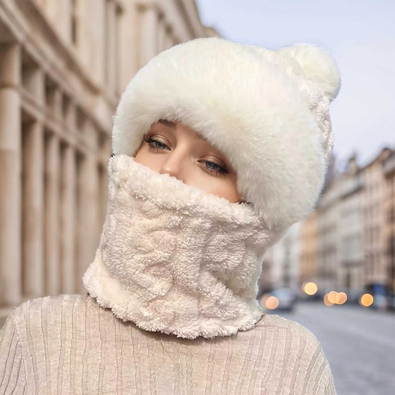 Winter Plush Hats with Neck Warmer Outdoor Comfortable Winter Neck Warmer Hats for Cold Weather Autumn Headwear