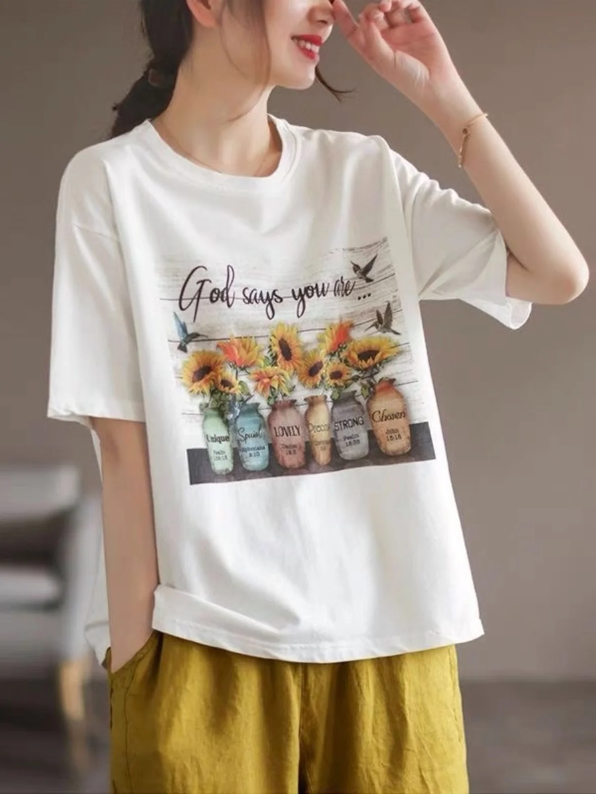 Summer 2025 Loose Fit Printed ort Sve T-irt Women's Faionable Agel Oversize Pullover Base irt Korean Sle