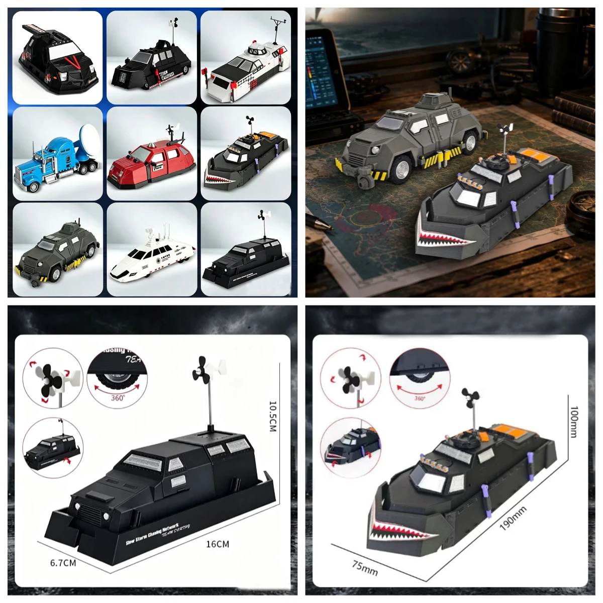 TIV2 Storm Chaser Vehicle Model Set, 3D Printed Tornado Interceptor Armored Car, Storm Pursuit Truck Desktop Collectible Model
