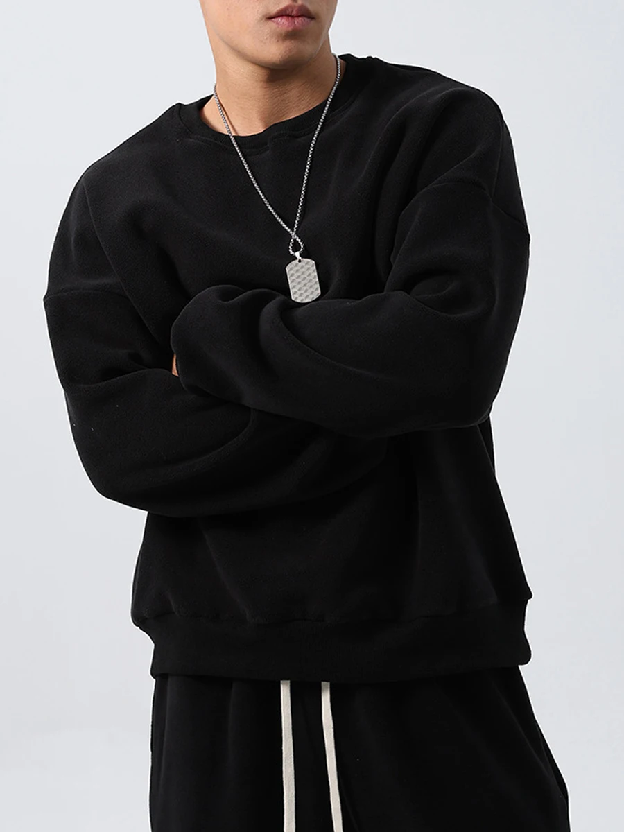 Men\'s 2 Piece Sweatsuits Set Warm Solid Color Crew Neck Long Sleeve Fleece Sweatshirts and Drawstring Pants Fall Winter Outfits