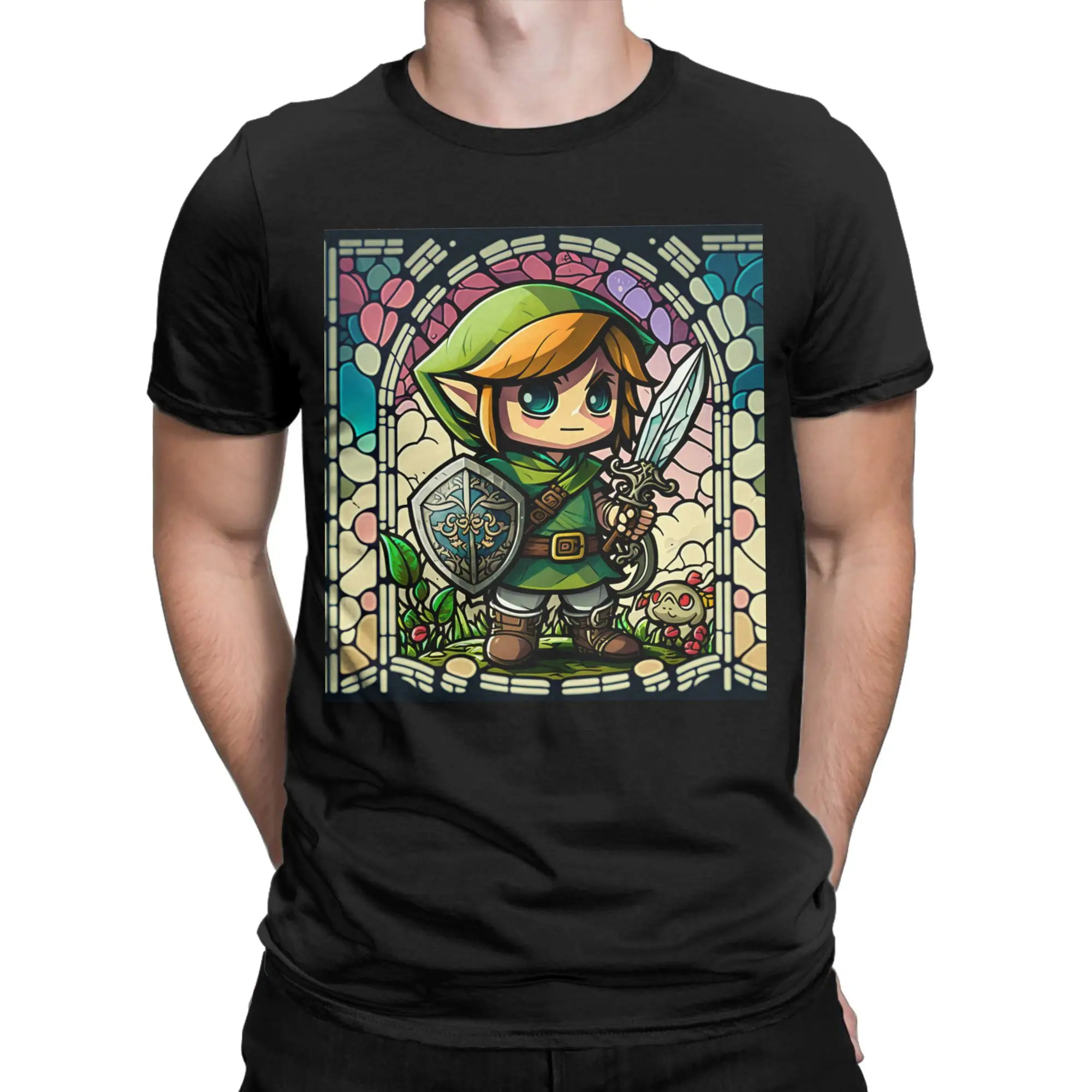 Men Women's Zelda Green Hero Stained Glass Link T Shirts  Pure Cotton Clothing Funny Short Sleeve Tee Shirt Printed T-Shirt