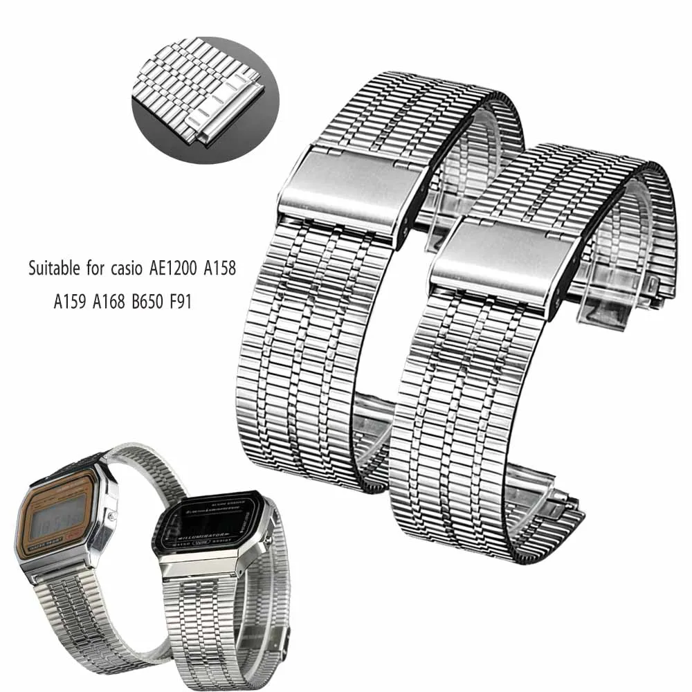 

18mm Silver Watch Strap for Casio AE1200 A158 A159 A168 B650 F91 Replacement Watchstrap Stainless Steel Metal Watchband Bracelet