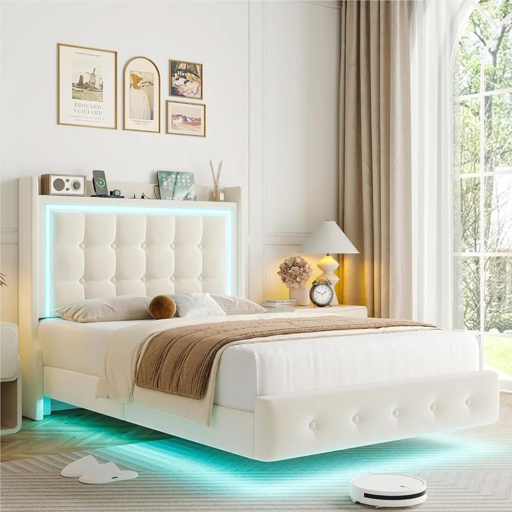 

Twin Floating Bed Frame with RGB LED Lights and Charging Station, Velvet Platform Bed with Button Tufted Storage Headboard