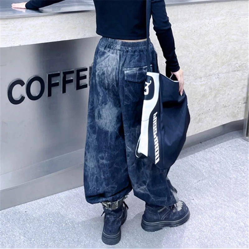 2024 New Design Kids Street Style Jeans For Girl Loose Fit Fashion Hip Hop Trousers Straight Leg Pants Child High-Street-Jeans image 2