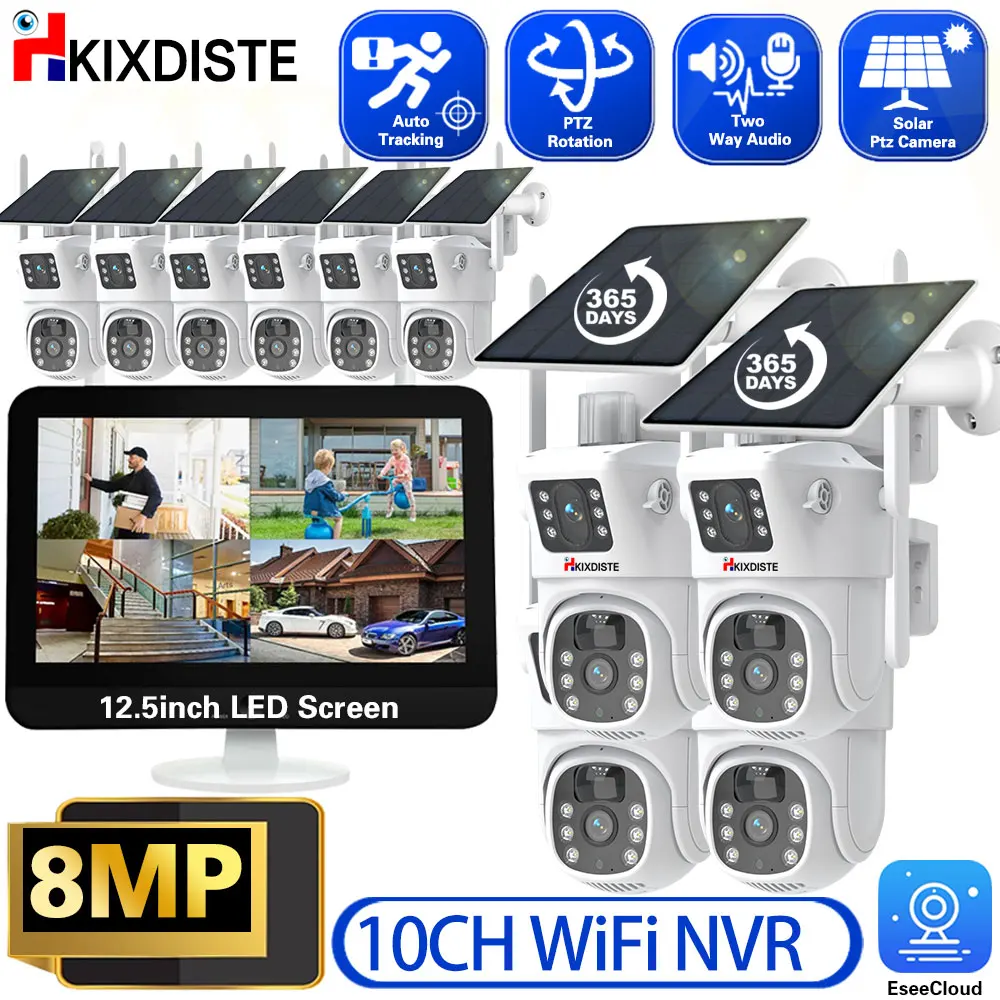 

10CH NVR EseeCloud 4K 8MP Dual Lens Surveillance Wifi Solar Panels PTZ Cameras Color Night Vision Outdoor Security Camera System