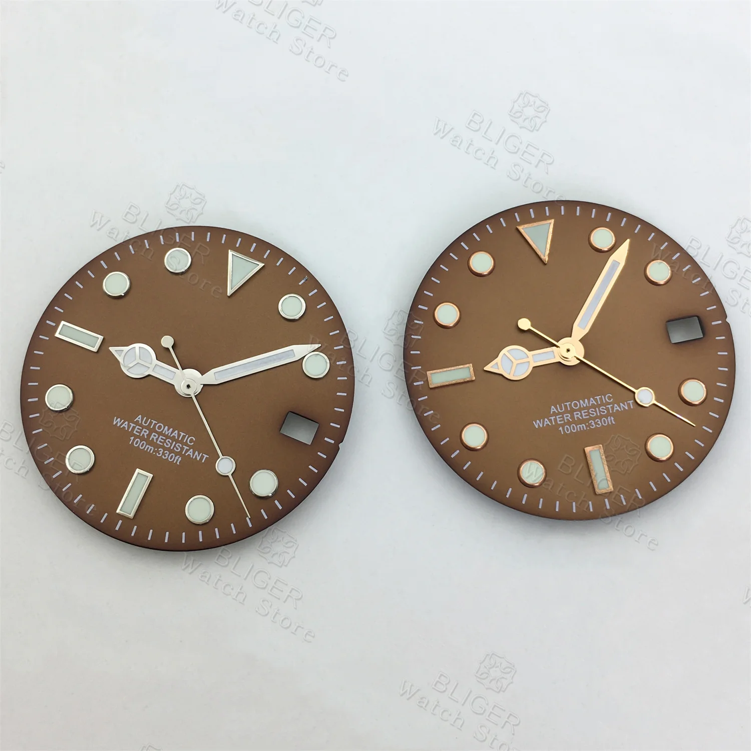 BLIGER 29mm Watch Dial Hand Brown Coffee Dial With Silver Rose Edge Time Marks Date Window Green Luminous For  NH35 NH36 Moveme