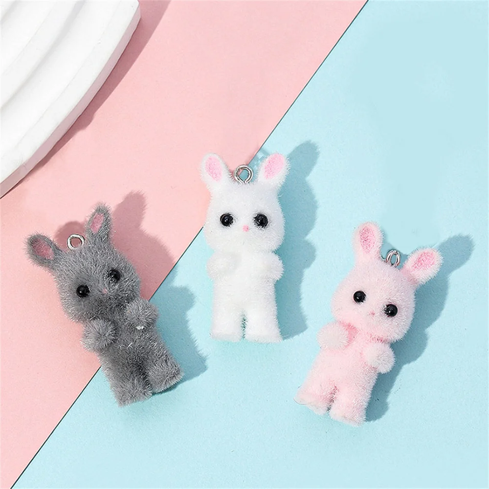 5pcs Cute Flocking Rabbit Resin Charms for Jewelry Making