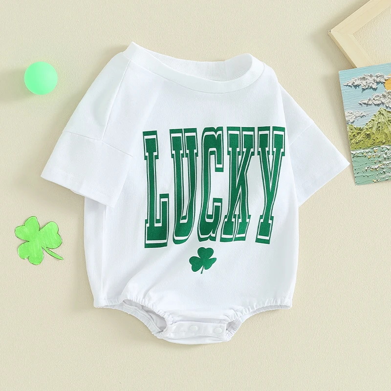 Baby Boys Girls St Patricks Day Outfit Festival Clothes Letter Clover Print Crew Neck Short Sleeve Rompers Toddler Bodysuits