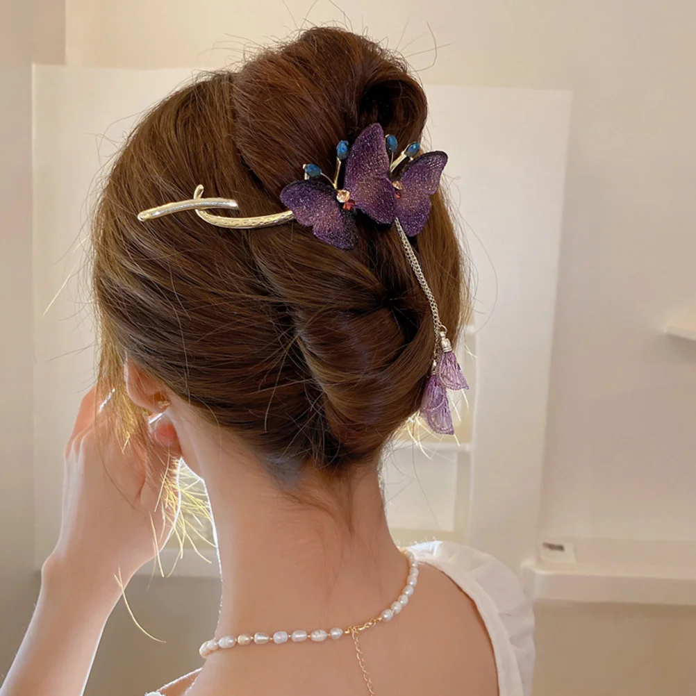 

Double Butterfly Tassel Clip Metal Rhinestone Barrettes For Women Thick Hair Styling Accessories Wedding Party Hairpins