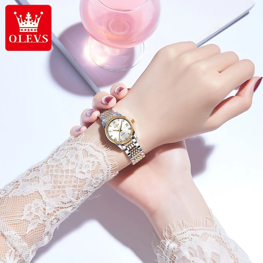 OLEVS 6602 Jam Tangan Mekanis Modis Hadiah Jam Tangan Baja Tahan Karat Dial Bulat Jam Tangan Tampilan Minggu Kalender Bercahaya