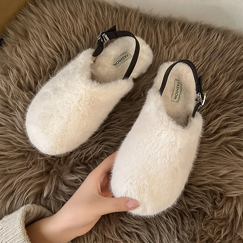 

Winter Warm Ladies Flat With Furry Shoes Outside Warm Home Slipper Warm Soft Sole Anti-Slippery Footwear Indoor Plush Slipper