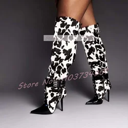 Cow Color Rivets Pointed Toe Stiletto Boots Women Fashion Zipper Belt Buckle Knee Length Boots Lady Nifty Sexy High Heels Boots