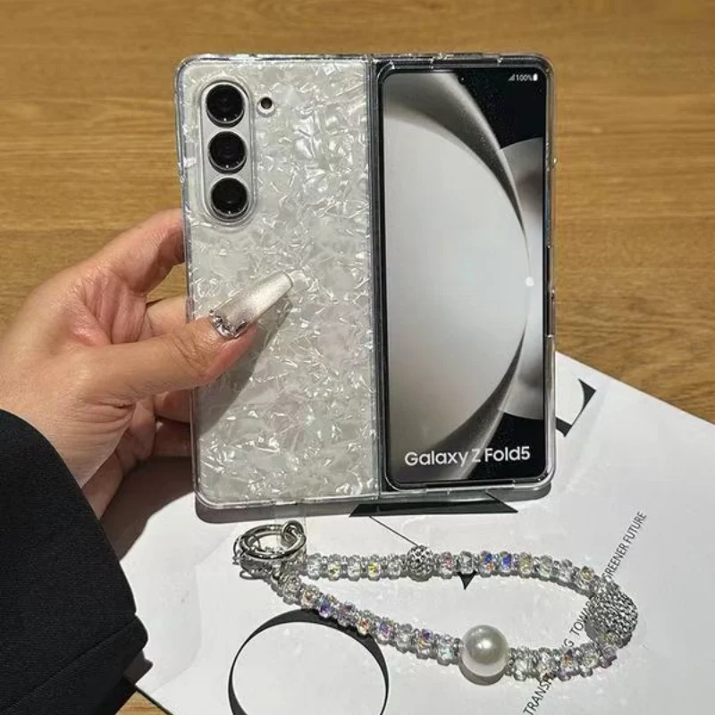 Luxury Korean Glitter Shell Pattern Beads Bracelet Phone Case for Samsung Galaxy Z Fold 6 ZFold5 ZFold 4 ZFold3 Protective Cover