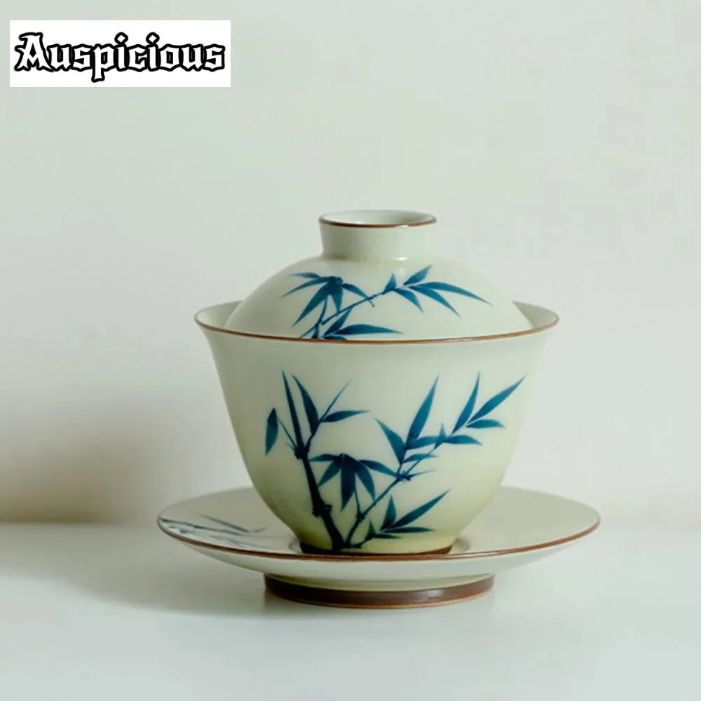 

130ml Pure Hand-painted Orchid Bamboo Gaiwan Aesthetic Straw Yellow Tea Tureen Tea Maker Cover Bowl Tableware Equipment Craft