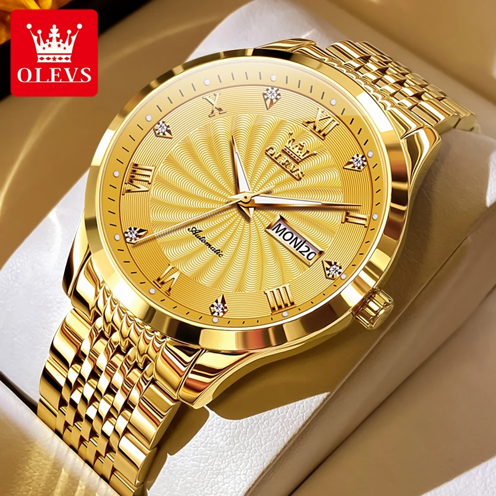 Mans Wrist Watch OLVES 6630 Simple Fashion Gold Automatic Mechanical Watches For man Leather Strap Gold Date Week