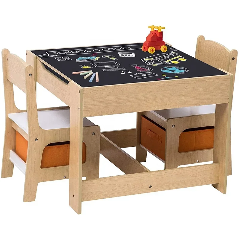 Kids Table and Chair Set Double Side Tabletop with Storage Box Wooden Children Activity Desk Nursery Furniture