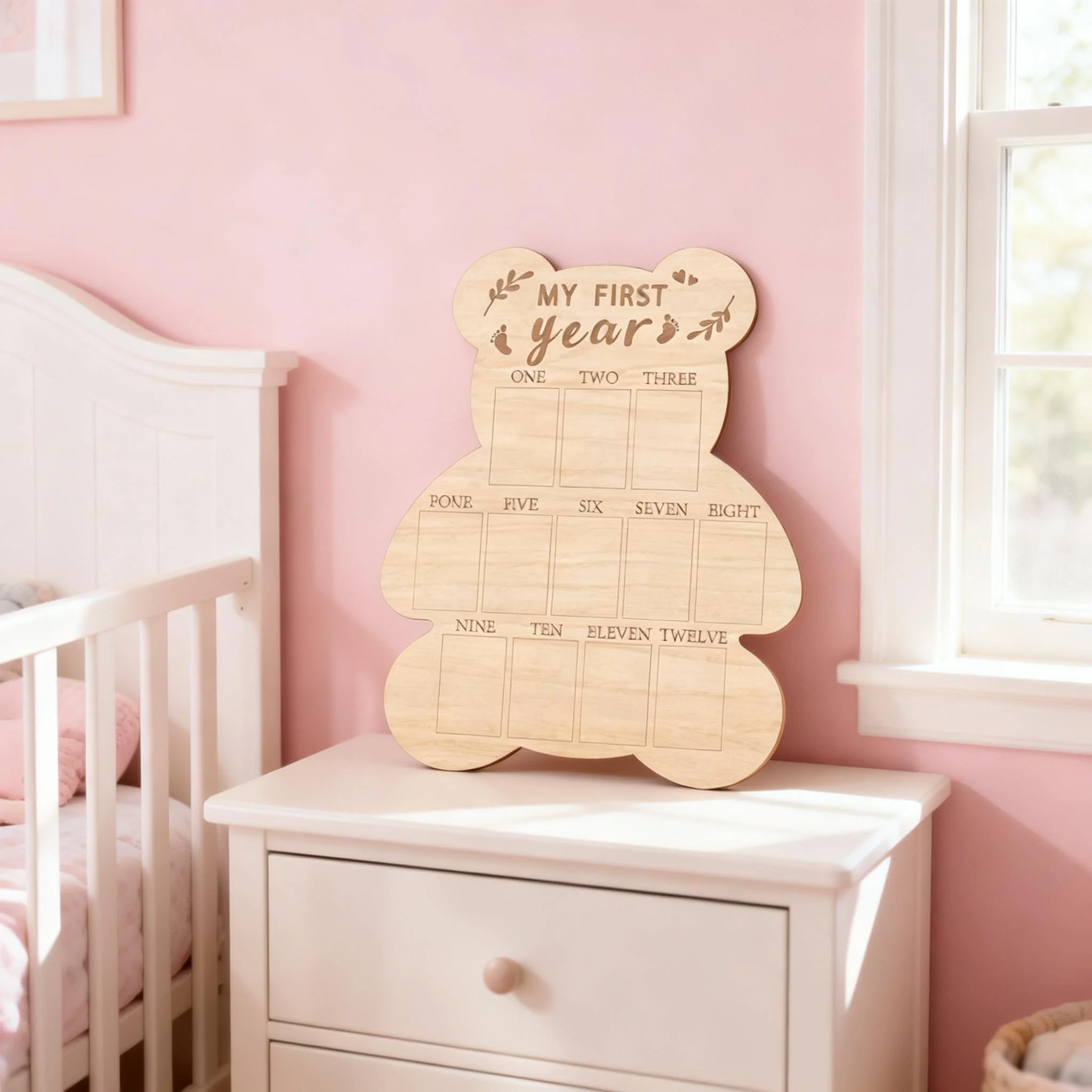 My First Year Photo Display Wood Board, Baby's First Year Picture Frame 12 Months Milestone Board Bear Shape 1st Birthday Photo