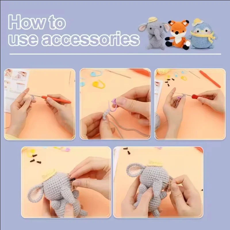 Handwork Crochet DIY Animal Kits, Knitting Yarn, Thread Needles, Hooks Knit Tools, Plush Pinguim, Fox, Elefante Doll Pendant, Iniciantes