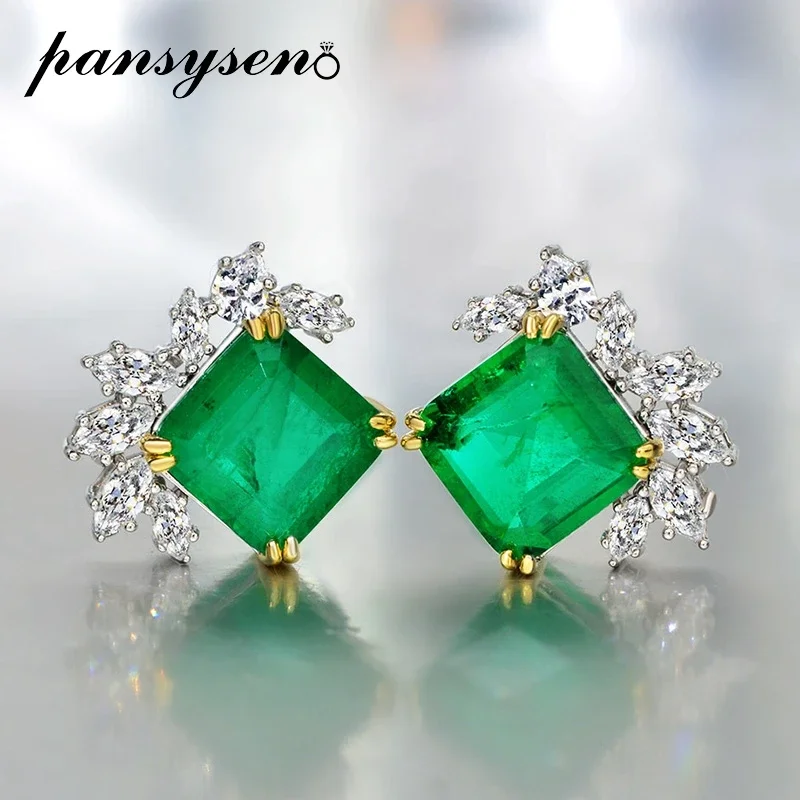 

PANSYSEN Vintage 100% 925 Sterling Silver 10x10MM Emerald High Carbon Diamond Stud Earrings for Women Anniversary Birthday Gifts