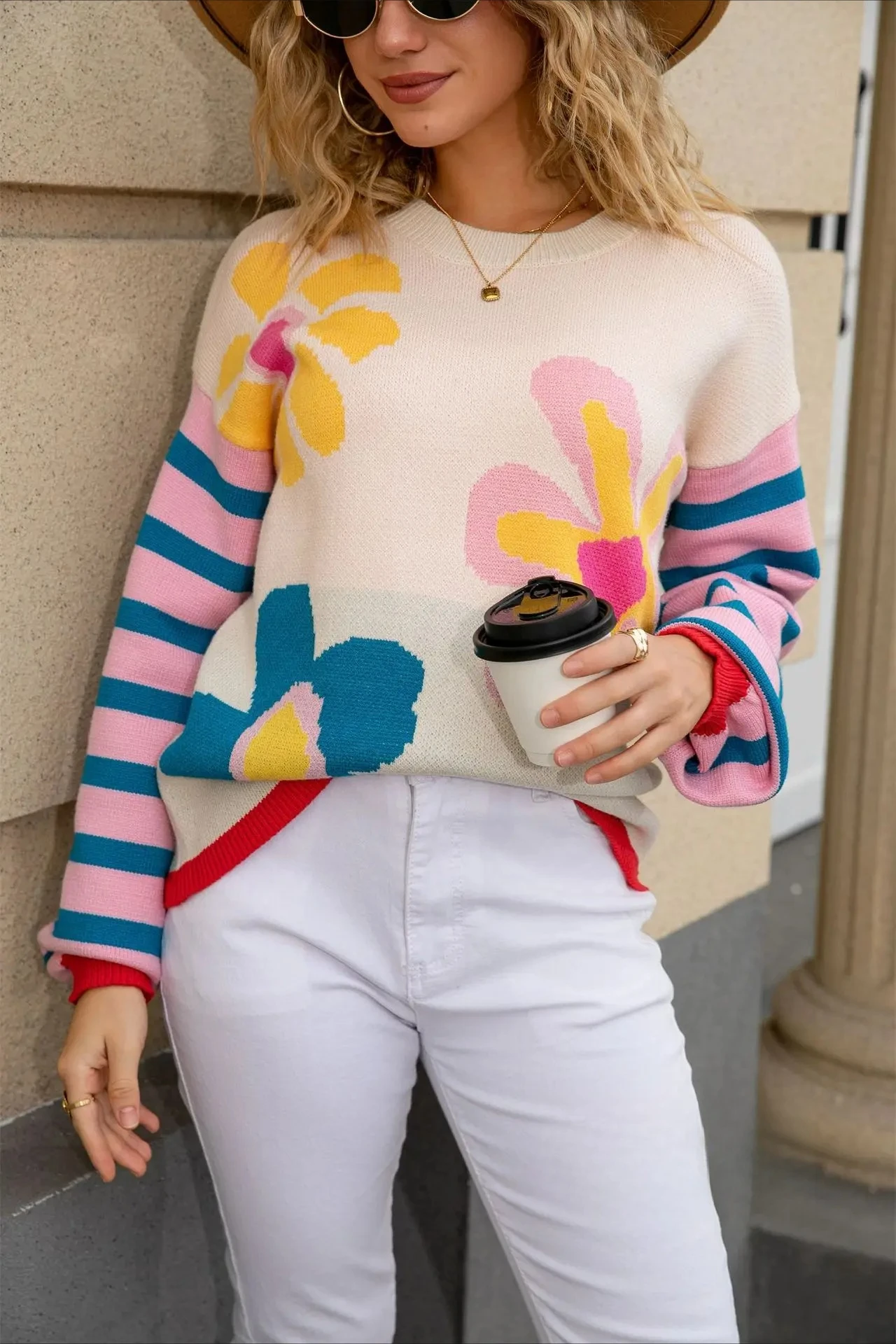 Suéter de punto a la moda para mujer, suéter de flores de manga larga a rayas empalmado, cuello redondo cálido, otoño e invierno