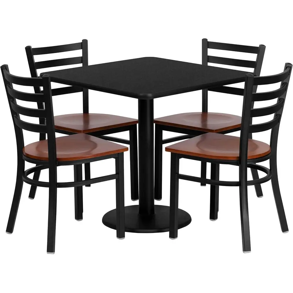 

30 Inch Square Black Laminate Table with 4 Cherry Seat Ladder Back Chairs