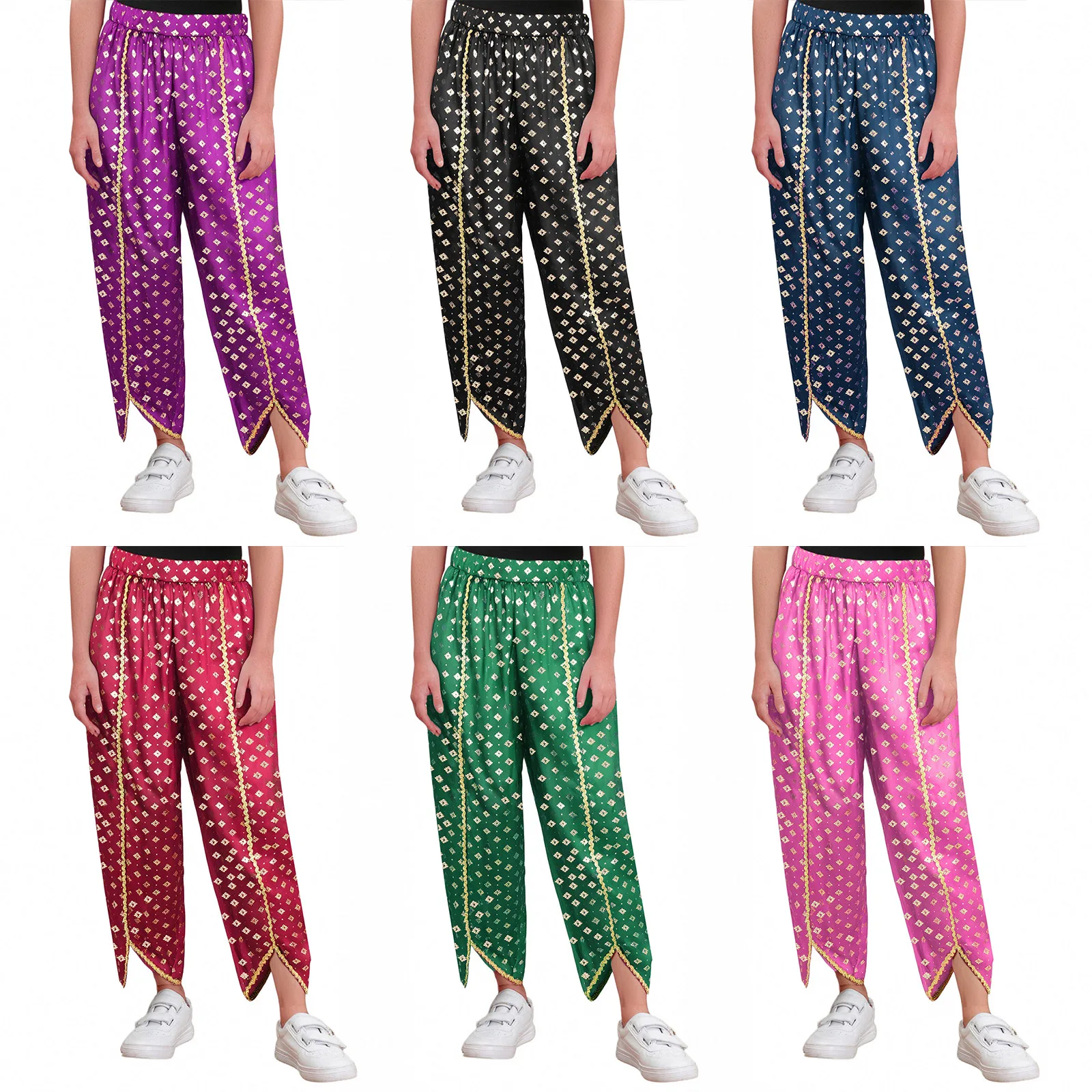 Детский индийский костюм для девочек, платье Dhoti с золотой отделкой, атласные брюки с металлическим цветочным принтом для тематической вечеринки, Хэллоуина, карнавала, вечеринки