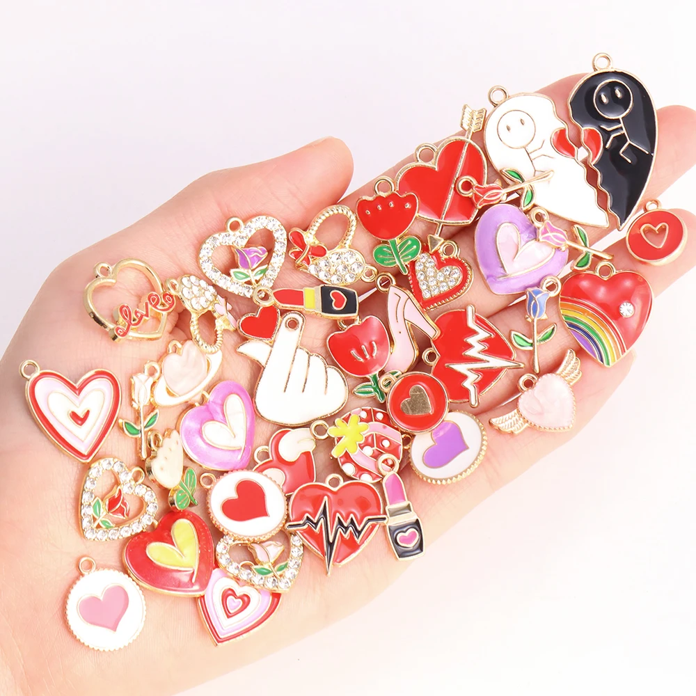 

40Pcs Mixed Red Enamel Charms Cute Heart Rose Flower Pendant For Jewelry Making Romantic Love Necklace Bracelet DIY Accessories