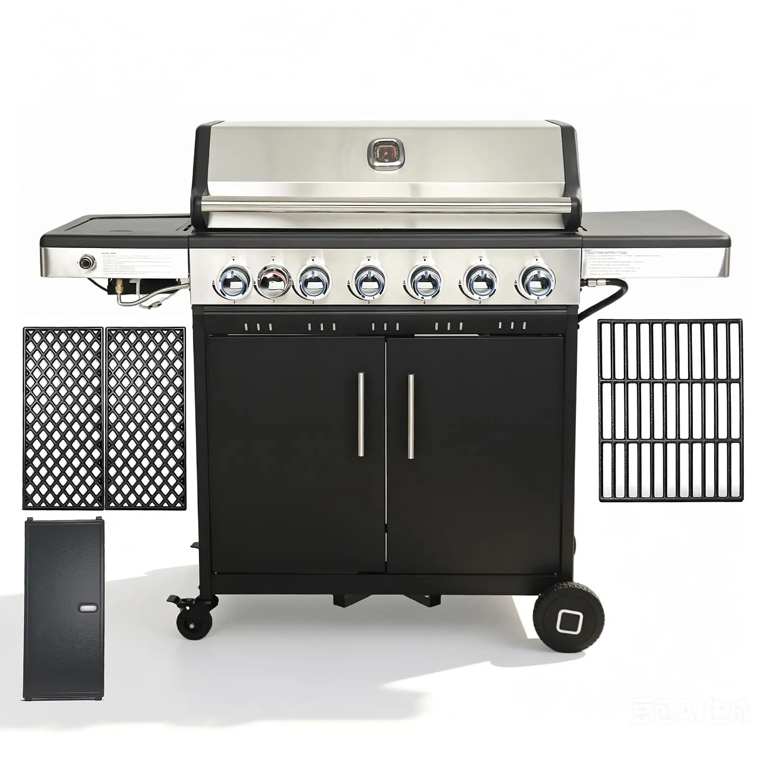 Multi-Function Propane Gas Grill with Various Grates, 6-Burner Outdoor BBQ Grill with Porcelain-Enameled Cast Iron, Customized