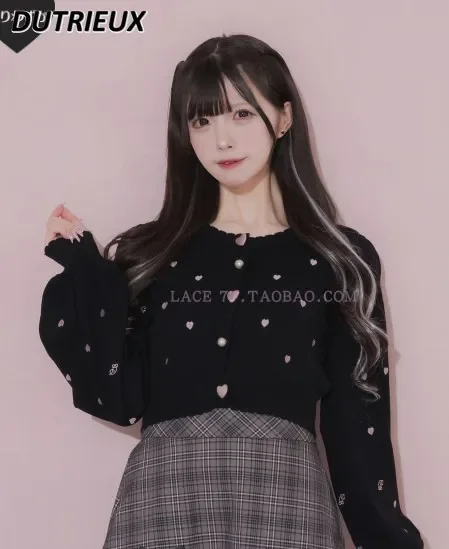 Japanese Style Mine Mass-Produced Women's Heart Embroidery Round Neck Short Sweater Coat Sweet Cute Buckle Knitted Cardigan