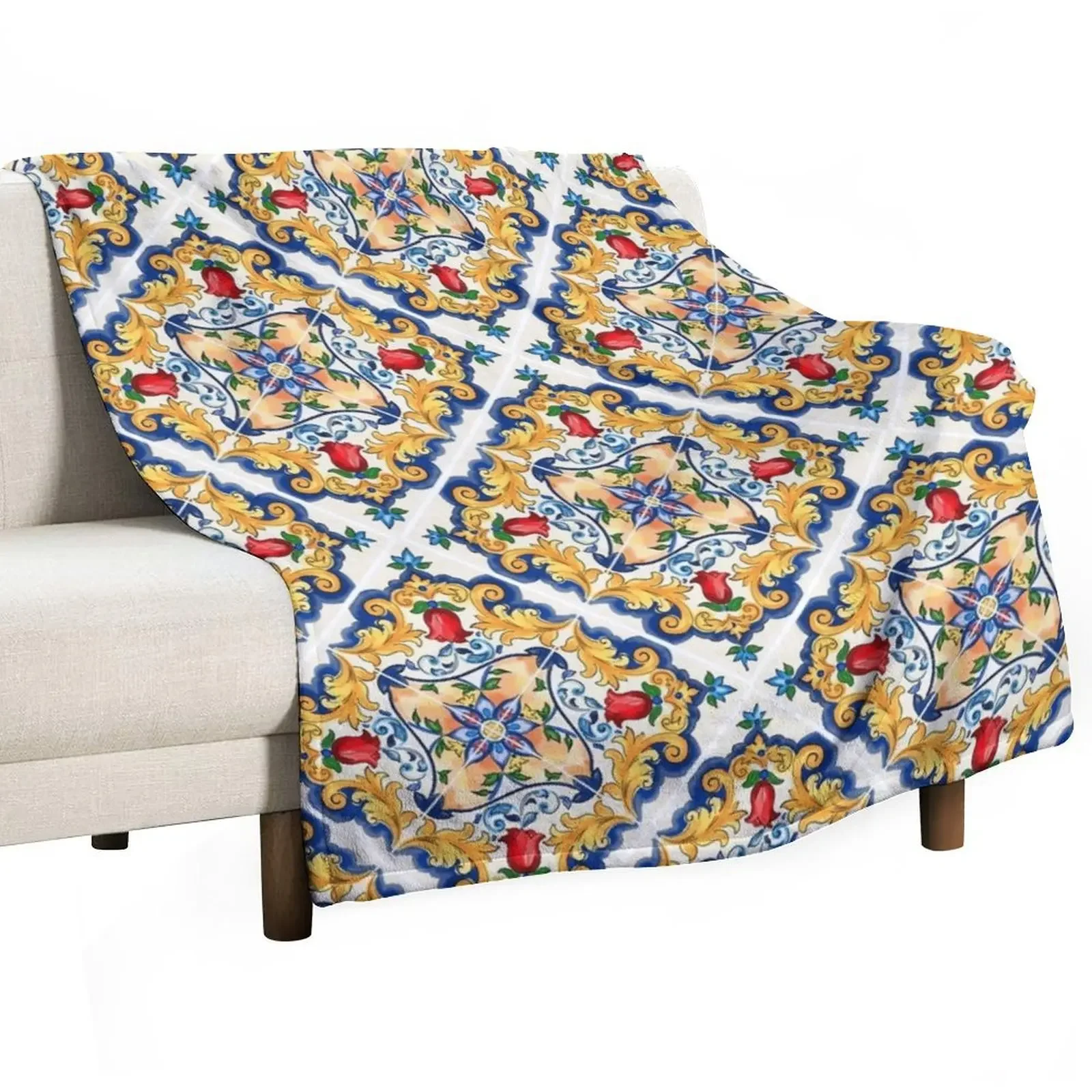 Sicilian Majolica Colourful Floral Flourishes Tile Pattern Throw Blanket Moving For Sofa Thin for sofa Blankets