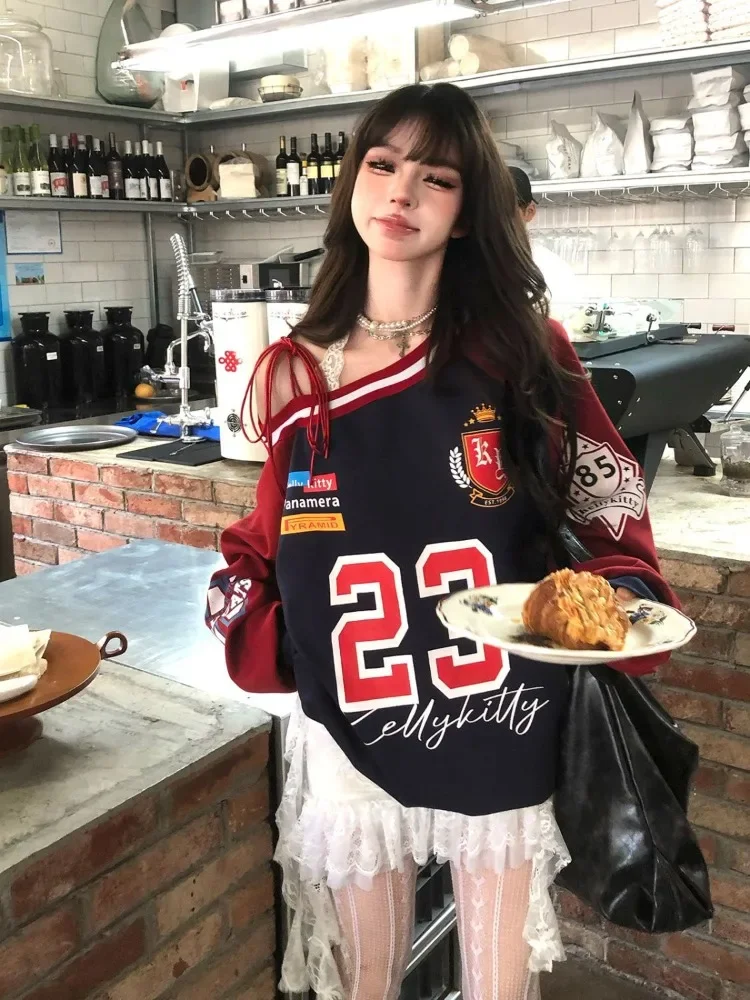 Kimotimo American Citygirl Sweatshirts Off Shoulder Bandage Letter Print Pullover 2025 Spring Harajuku Grunge Casual Sports Tops