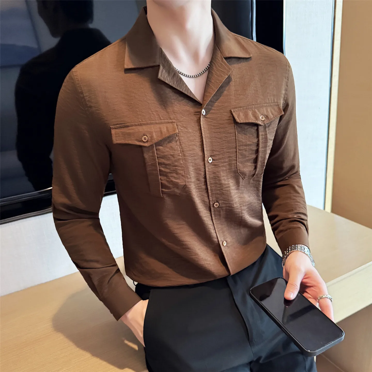 

Модная мужская рубашка с кубическим воротником и двойными карманами, дизайнерская мужская повседневная рубашка с длинным рукавом, облегающая универсальная удобная блузка Homme