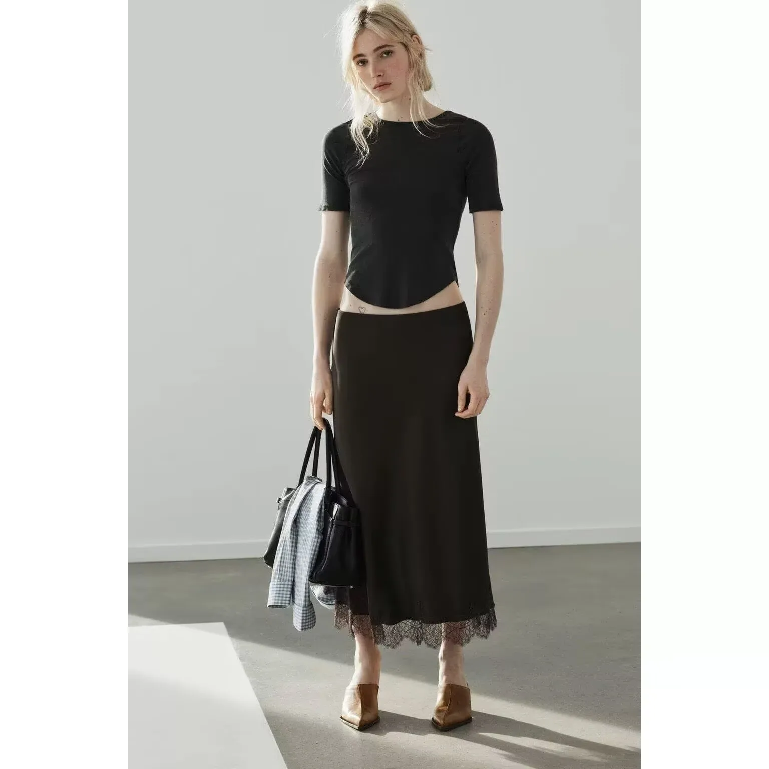 Women's High Waist Midi Skirt ZR Style Versatile Lace Trim Silk Satin Fabric Embroidered Pure Color A-Line Skirt Slim Fit