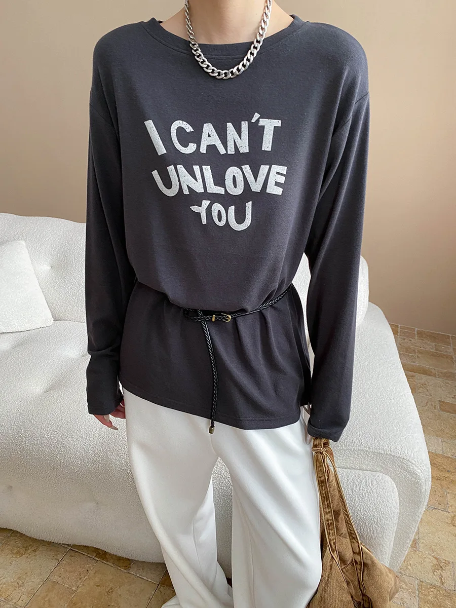

Autumn Style Letter Printed T-shirt With Belt Top For Women