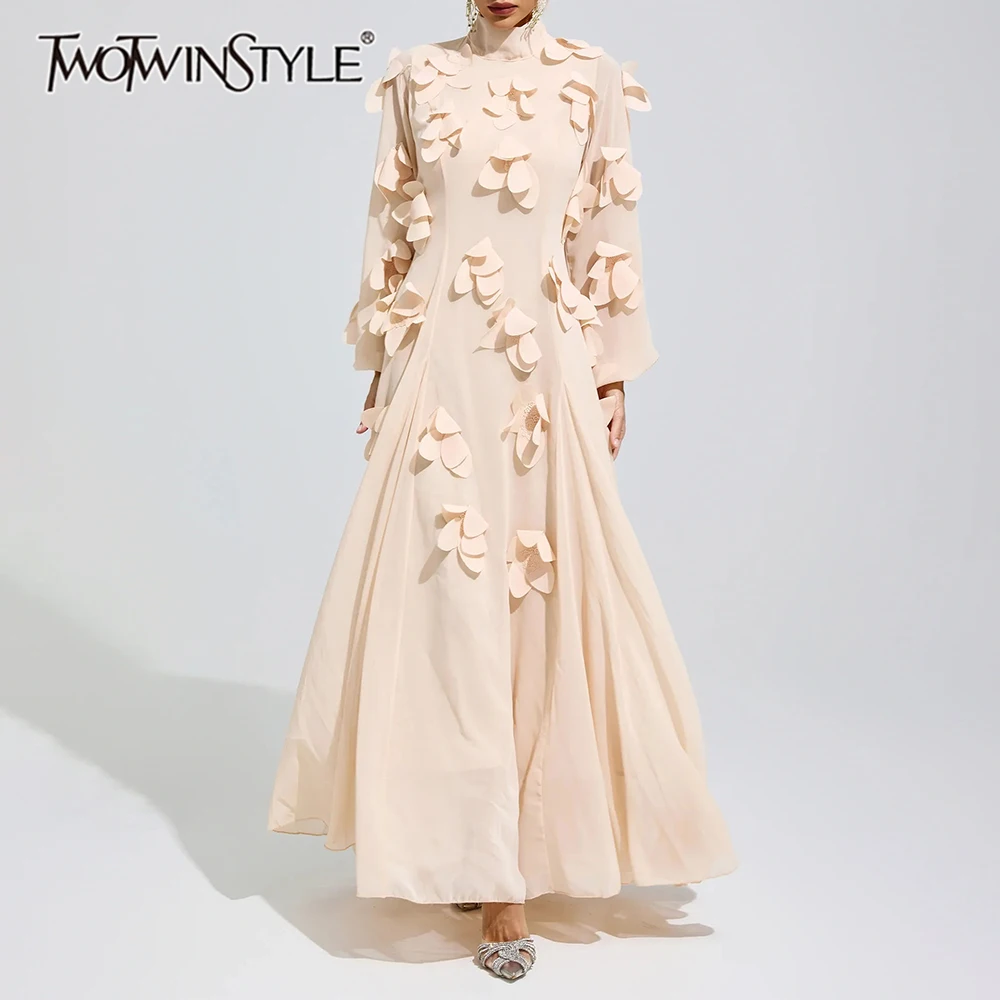 TWOTWINSTYLE 3D Applique Spliced Mesh Slimming Maxi Dress for Women High Collar Long Sleeve Patchwork Zipper Dresses Female New