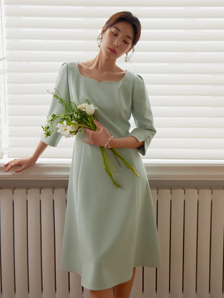 

DUSHU Heart-Neck Spring New Women Three-quarter Sleeve Dress Fresh Mint Green Color Female Traped Long A-LINE Dresses 24DS81186