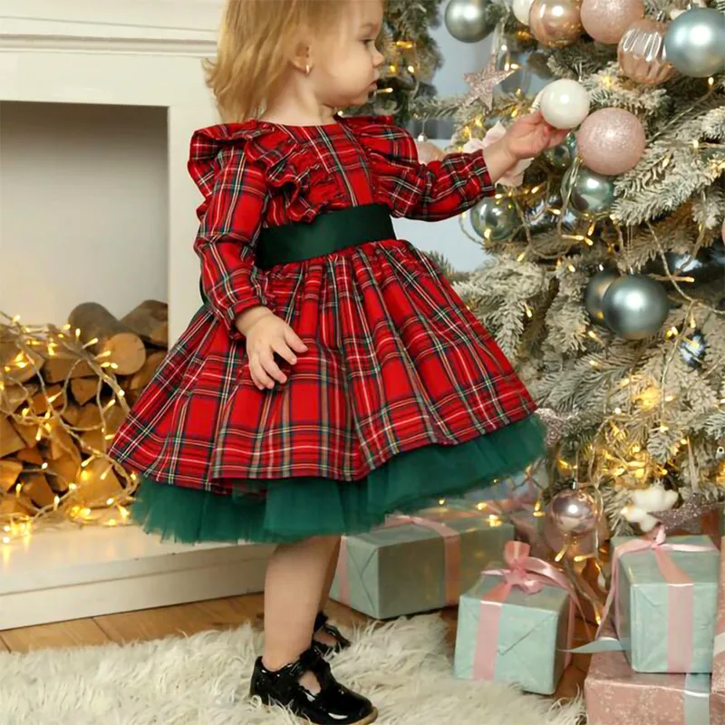 Christmas Red Green Plaid Girl's Dress Sweet Cute Bow-Accented Dress Christmas Gift Princess Dress Fashion Children's Clothing