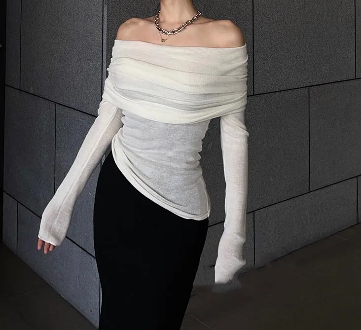 

Fall Outfits Korean Fashion Long Sleeve Pleated Slim Bottomed Long Sleeved Slash Neck Wool Top Knitwears Sweater Woman 2022