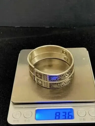 2pc Old Chinese Sterling Silver Ornate Etched Engraved Bracelet---